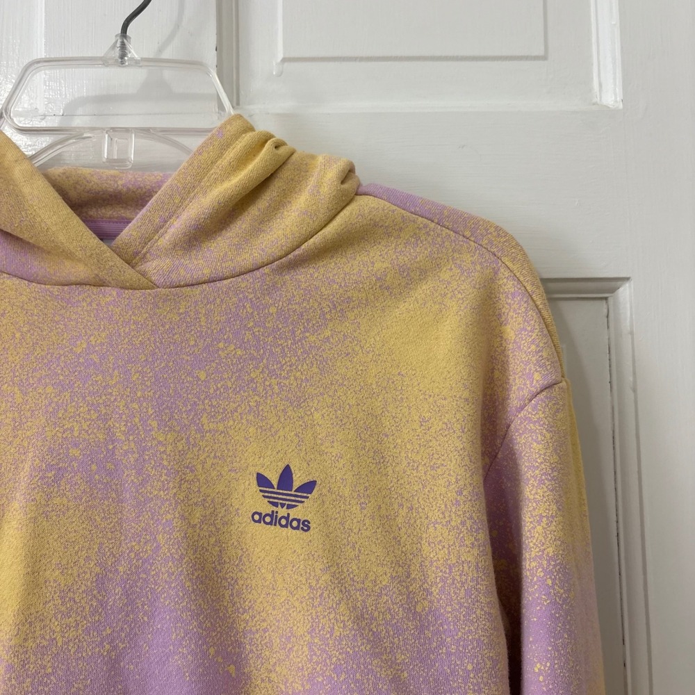 Adidas Hoodie Girls L 13-14 Purple Yellow Crop Pullover Trefoil Sporty Colorful
